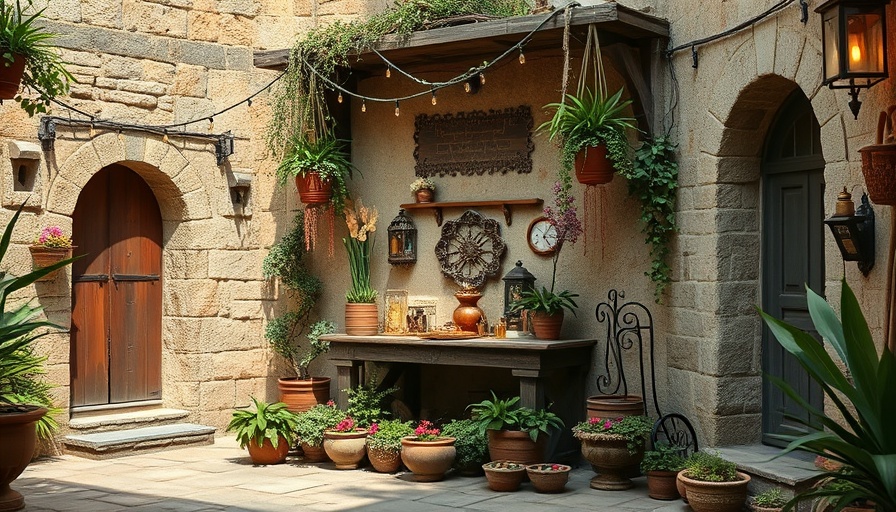 Rustic home altar with plants and decorations in courtyard