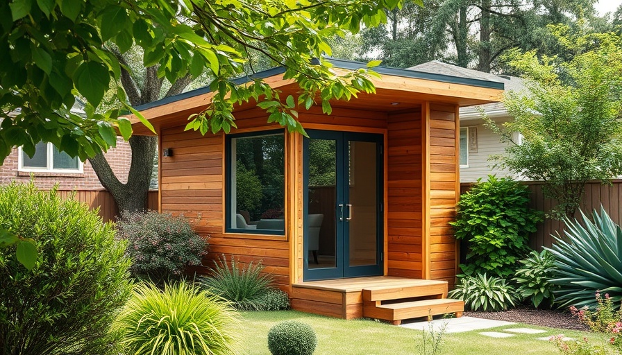 Modern accessory dwelling unit with wooden exterior in garden setting.