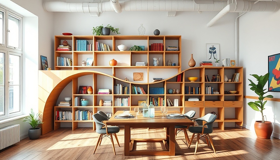 Modern Brooklyn loft interior with wave-shaped bookshelf.