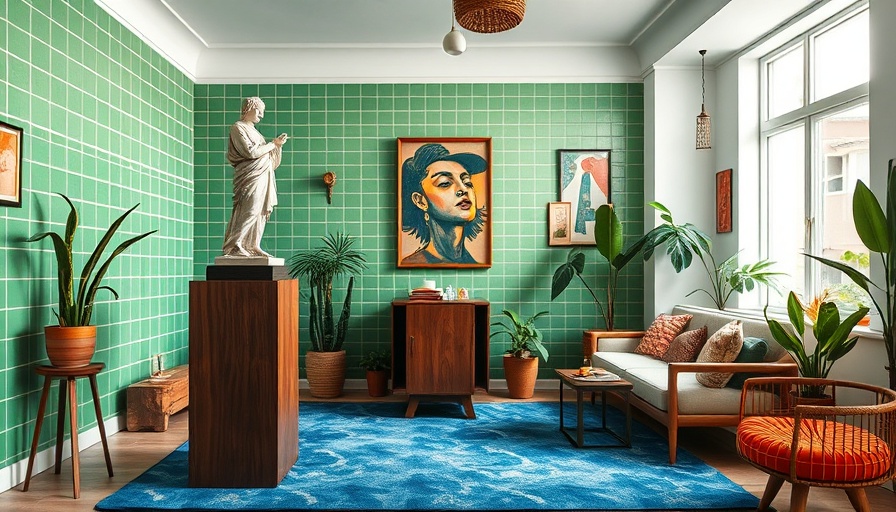 Eclectic small space design with green tiles and modern decor.