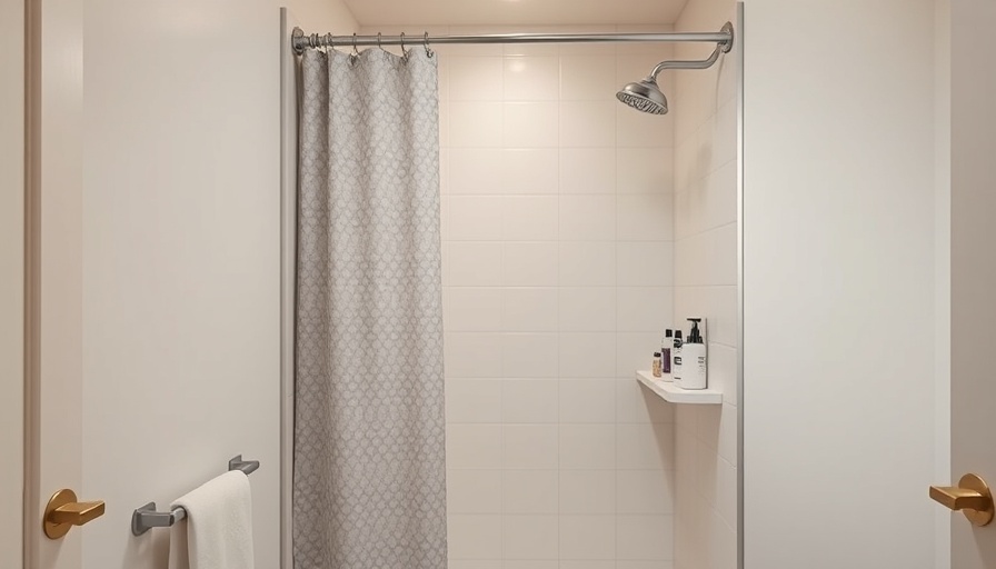 Small bathroom design with shower and patterned curtain.