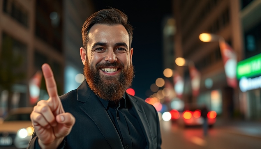 Cheerful man in suit smiling at night with city lights, SEO Adam Sandler houses.