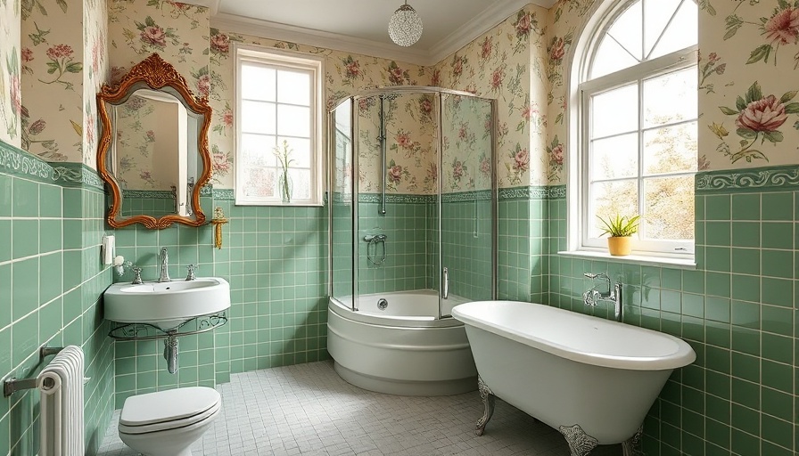 Elegant vintage bathroom with shower-tub combo and green tiles.