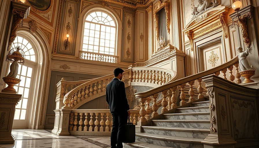 Elegant design in Jacques Garcia homes, man by decorative staircase.