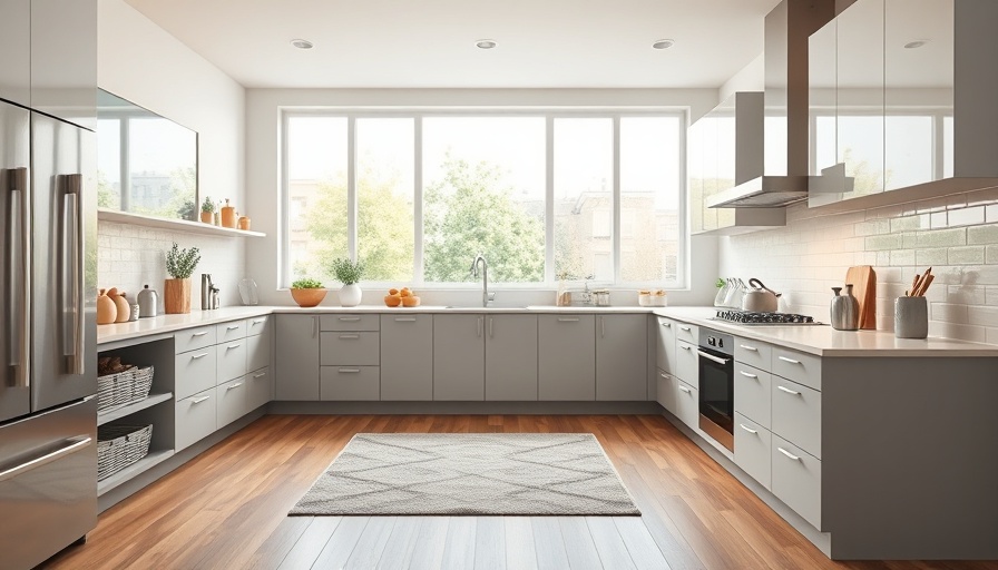 Modern kitchen remodel with light grey cabinets and cluttered countertop.