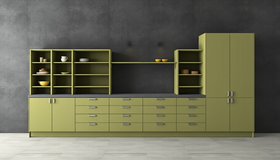 Valcucine Logica storage system in olive green with grey backdrop.