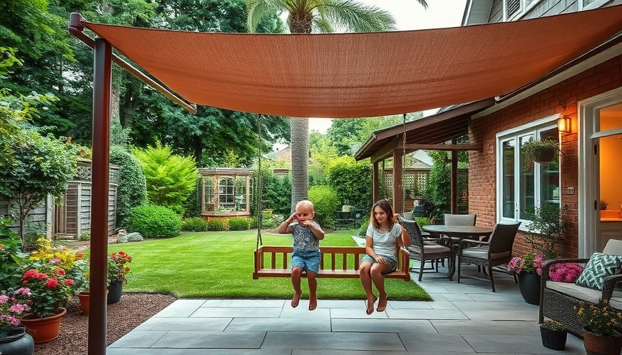 Children playing under a Thornbury canopy on a backyard swing.