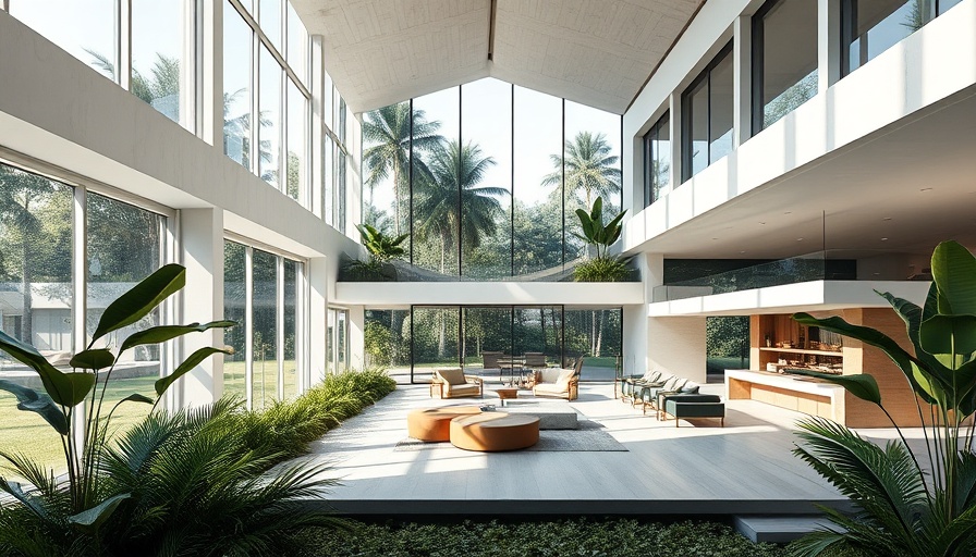 Luxury real estate interior with large windows and lush surroundings.