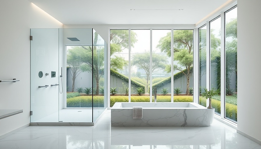 Luxury bathrooms with glass shower and marble tub, sunlit modern design.