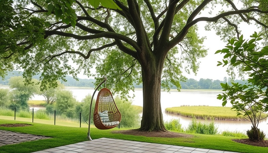 Romantic riverside garden with hanging chair and lush greenery.