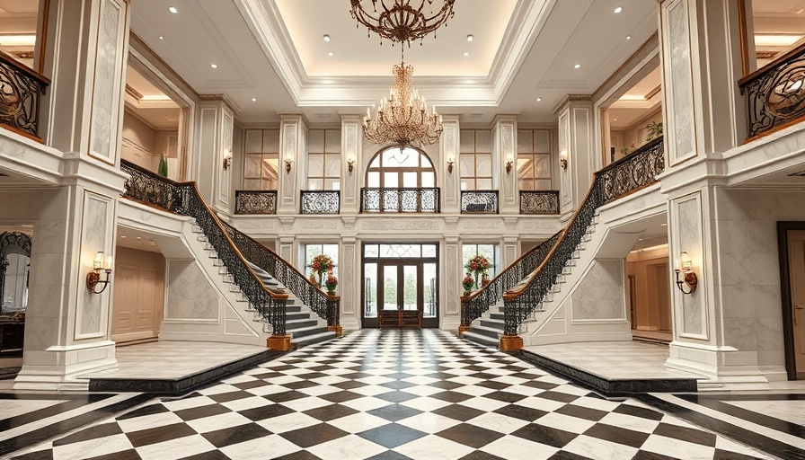 Elegant foyer with dual staircase in Kris Jenner Home