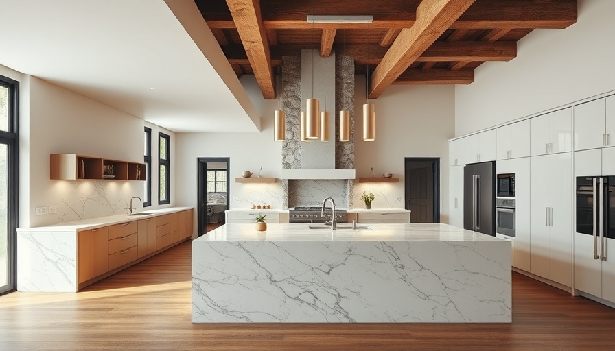 Modern kitchen design with marble island and elegant lighting.