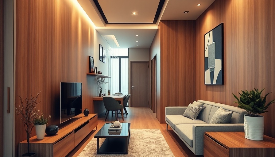 Modern narrow hallway apartment design with sleek furniture.