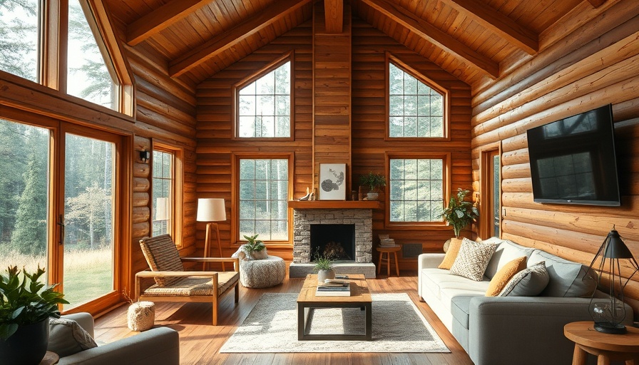 Inviting cabin interior with modern decor and fireplace, perfect for luxe outdoor stay.