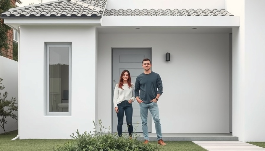 Minimalist family home with serene couple outside.