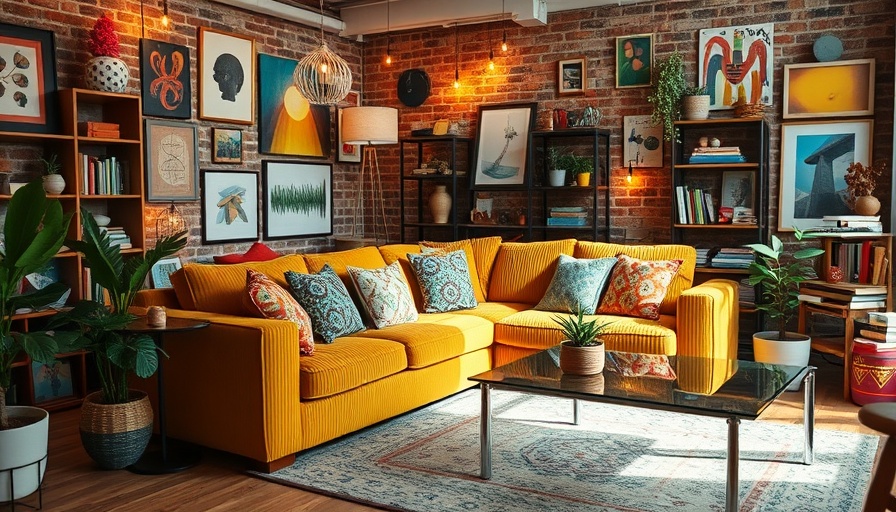 Vibrant living room with eclectic decor and a cozy yellow sofa, 2025.