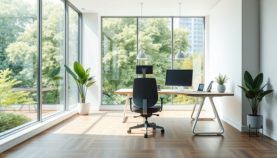 Modern office with an ergonomic chair, lush greenery view.