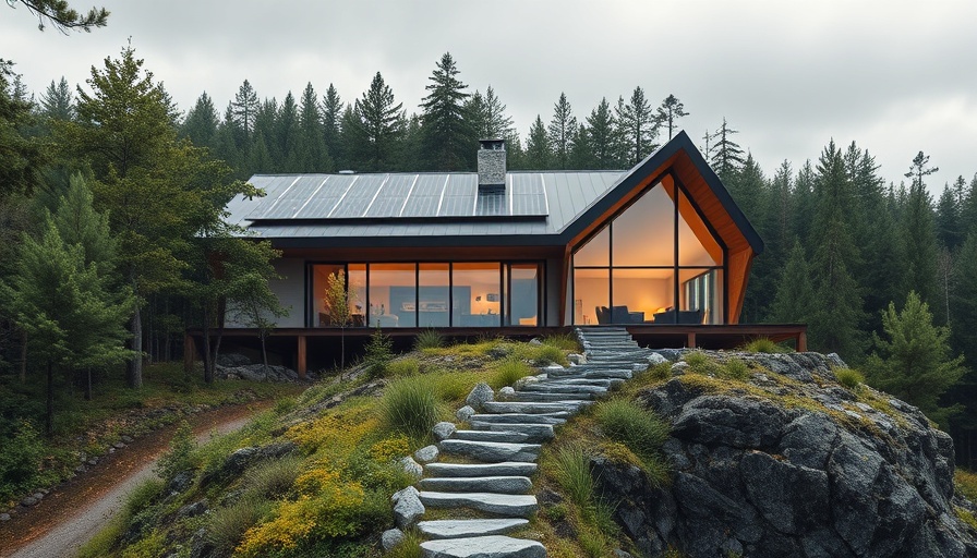 Modern eco-friendly house with solar panels in a forest setting for home design inspiration