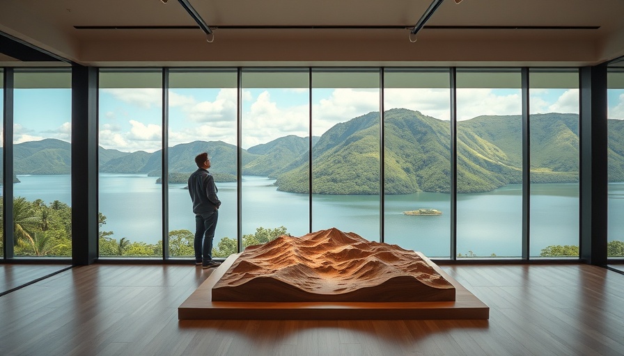 Interior of Eco-Museum with view of Piratininga Lagoon's lush hills.