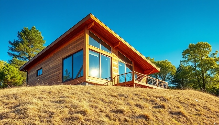 Modern wooden house with large windows on a hillside.