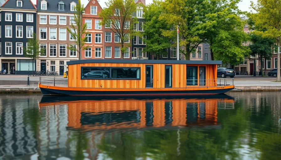 Modern Amsterdam houseboat rental reflecting in canal water.