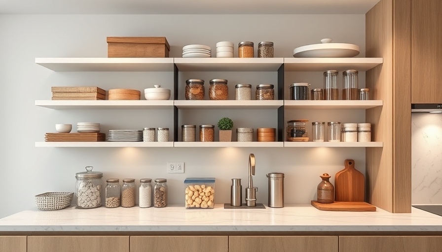 Genius kitchen storage ideas featuring organized shelves with spices and equipment.