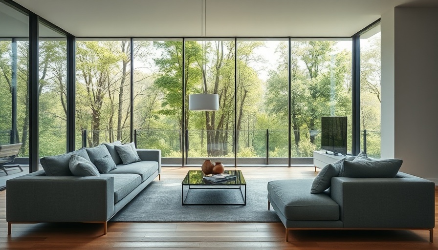 Modern living room design with glass walls and forest view.