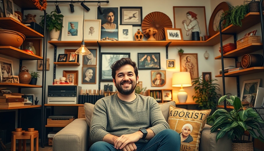 Smiling person in a modern studio setting with eclectic decorations.