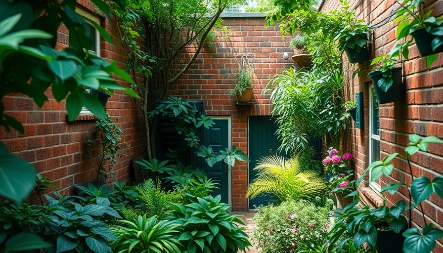 Lush urban garden showcasing small space ideas, dappled sunlight.