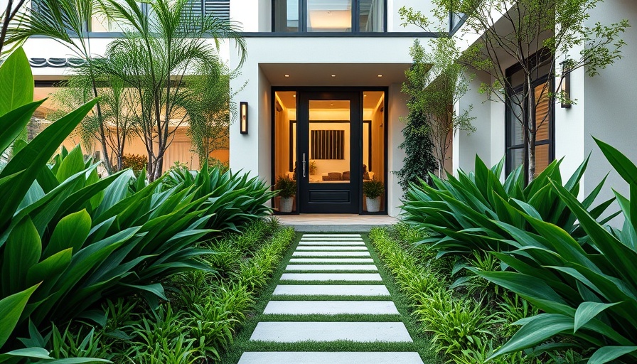 Modern garden path design with lush plants leading to home entrance.