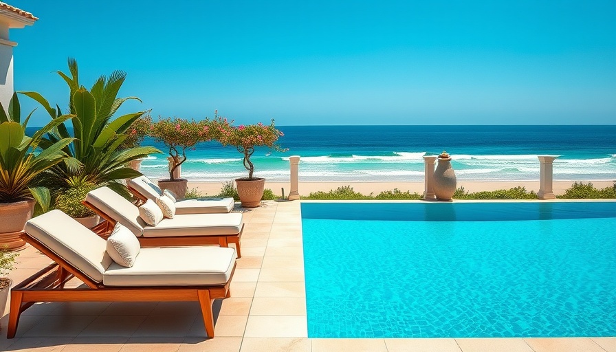 Elegant luxury pool loungers by a pool with ocean view.