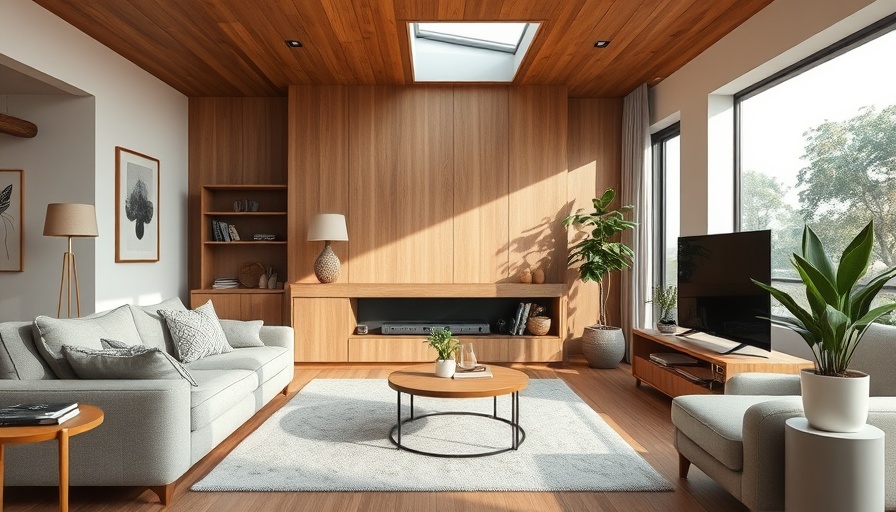 Modern living room with cozy furniture and wooden accents.