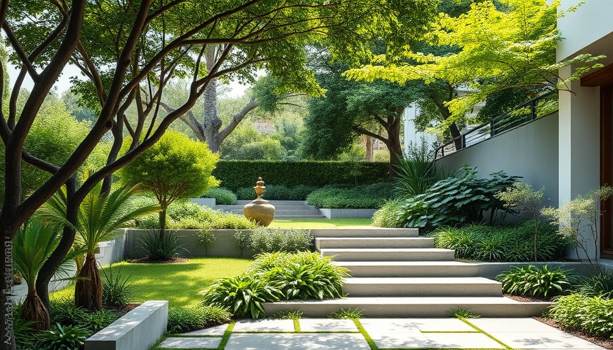 Modern garden landscape design for cooling with lush greenery and steps.