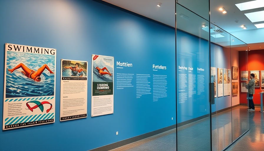 Museum exhibition wall with vintage swimming poster and text, August 2025 architecture events feature.