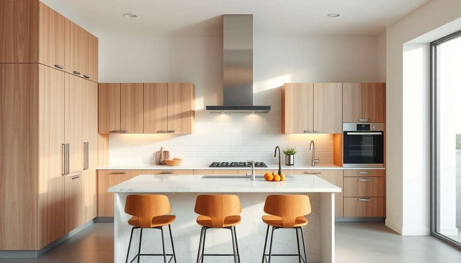 Elegant kitchen with stylish vent hood and wooden elements.