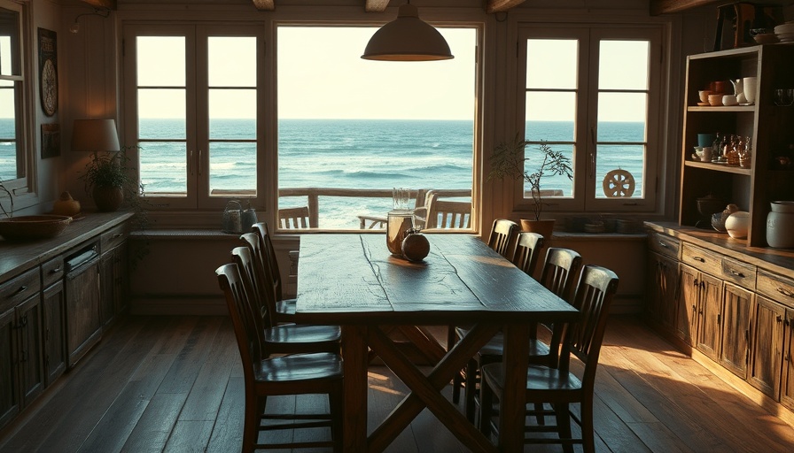 Rustic coastal dining room with sea view, dream homes by the sea.