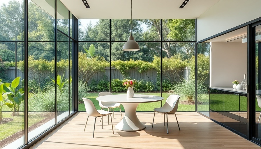 Bondi House Architecture: Modern glass-walled dining area overlooking garden.