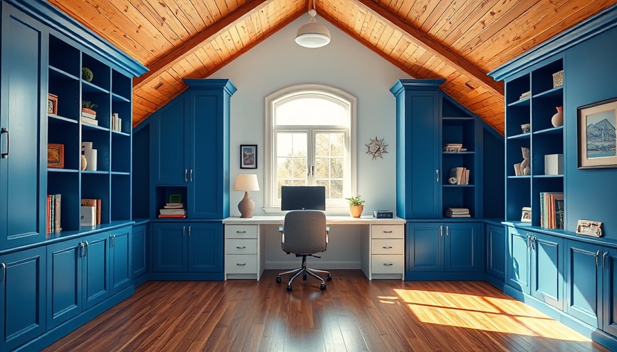Elegant attic home office with built-in storage and stylish decor.