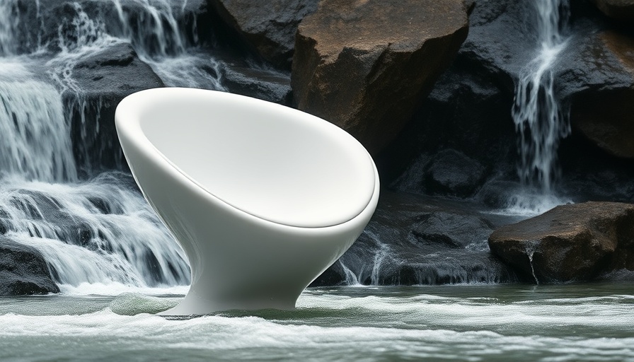 Modern Ruffini chair design on rocky waterfall.