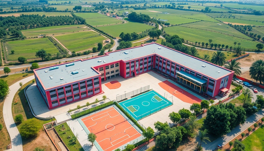 Aerial view of colorful school design in India with sports fields and natural light.
