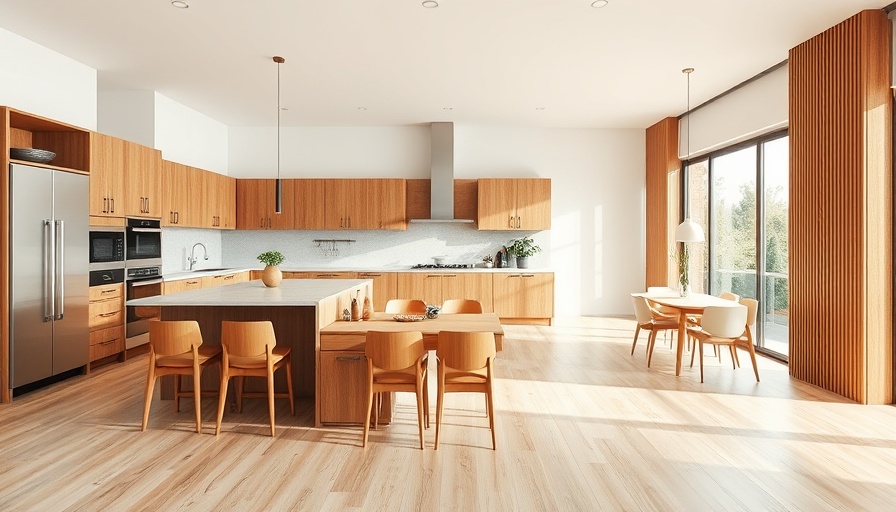 Bright modern kitchen interior with large island and wooden dining set.