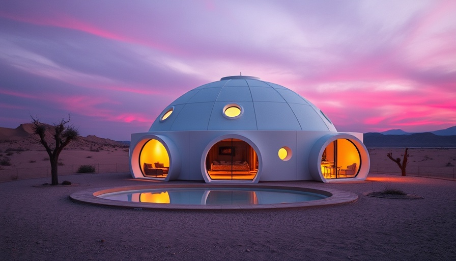 Futuristic dome home in California desert at twilight.