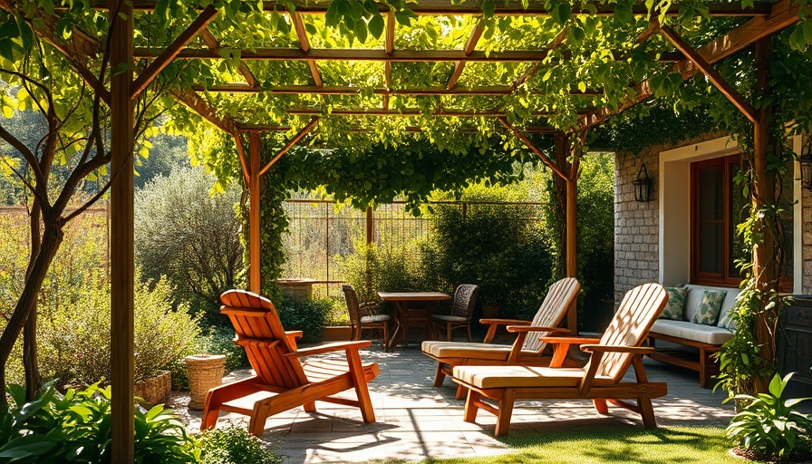 Sunlit garden setup to survive a heat wave with lounge chairs under a pergola.