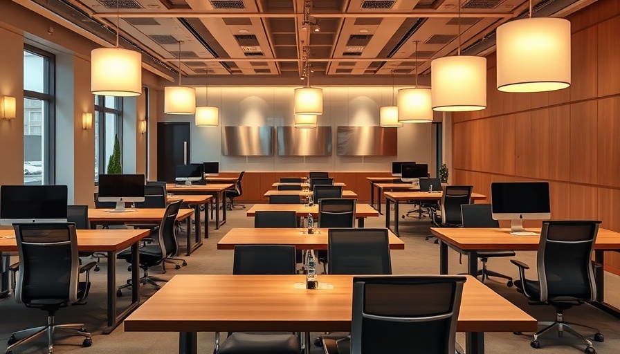 Modern Californian office design with minimalist wooden desks and warm lighting.