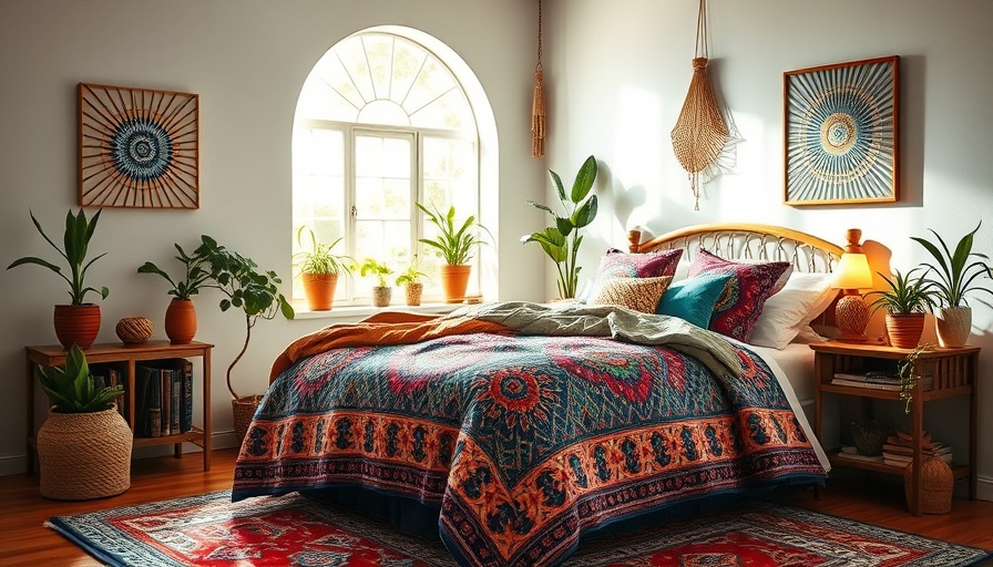 Bohemian bedroom with vivid bedding and arched window.
