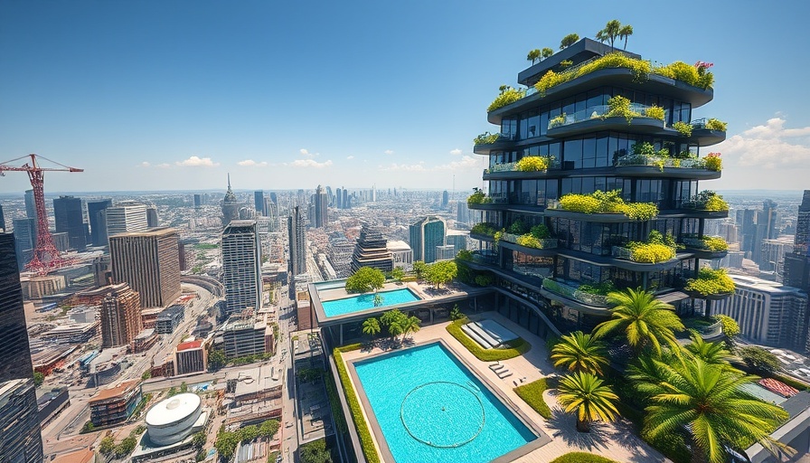 Futuristic green terrace building with rooftop garden and cityscape.