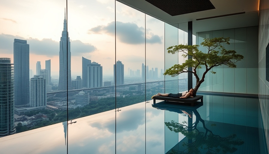 Modern hotel spa with otherworldly design, featuring a tree and infinity pool.