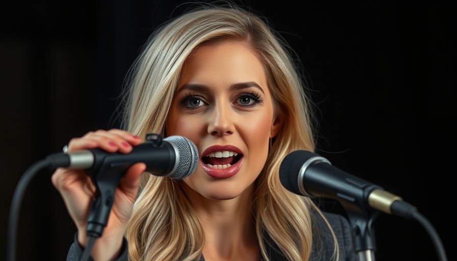Blonde woman at microphone speaking passionately on stage.