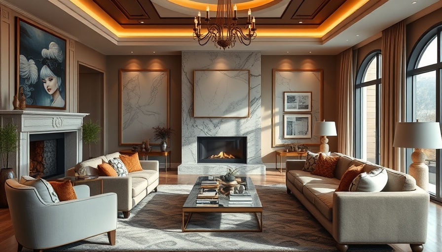 Luxurious living room with stylish layers and marble fireplace.