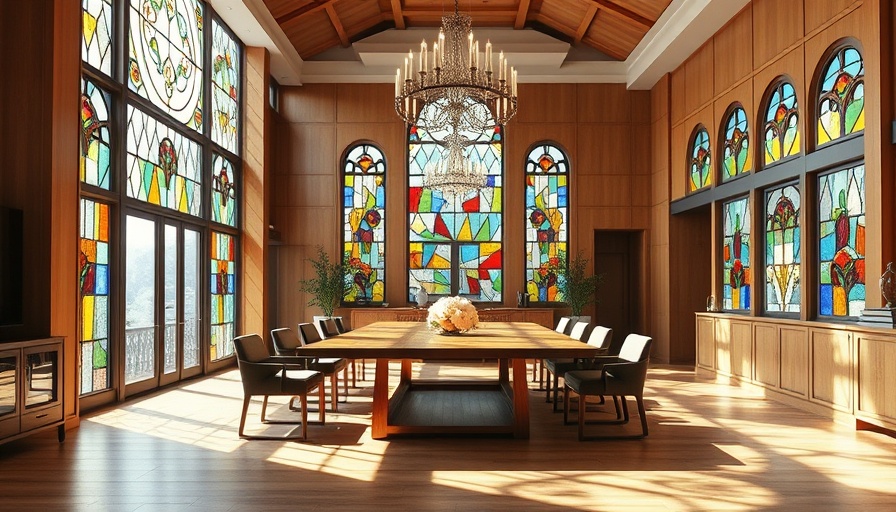 Stunning stained glass windows illuminate elegant dining area with wooden table.